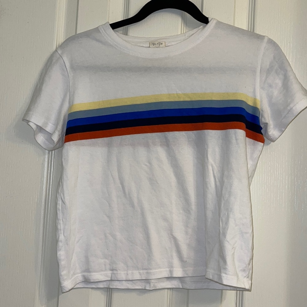 regular shirt with yellow, gray, blue, black, and red stripes